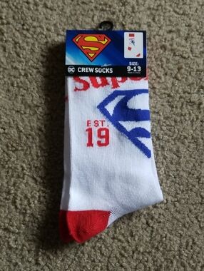 Superman Men's White Crew Socks with Red & Blue Accents